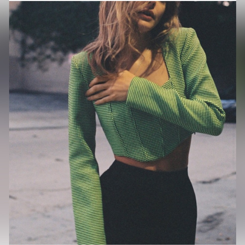 Zara women’s green houndstooth crop top blouse size small new - Picture 6 of 7